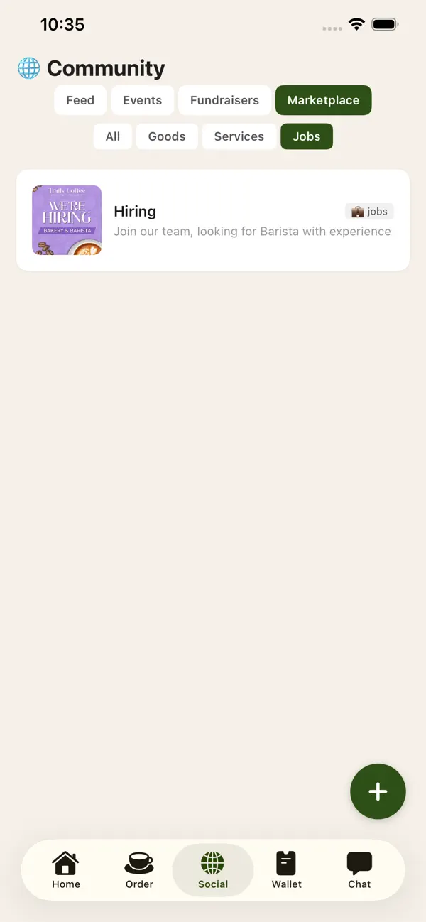Trails Coffee app community area with feed, events, fundraisers and marketplace tabs