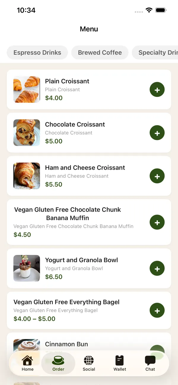 Trails Coffee app menu with pastries available to add to an order