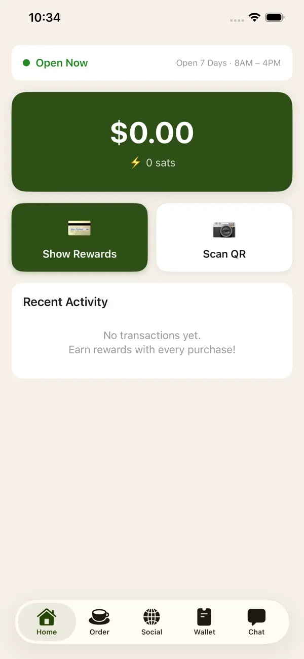 Trails Coffee app home screen with rewards and QR scanner controls
