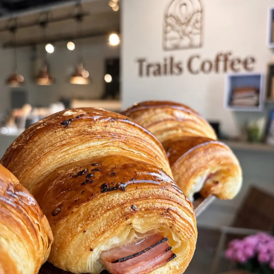Golden ham and cheese croissants in the Trails Coffee pastry case
